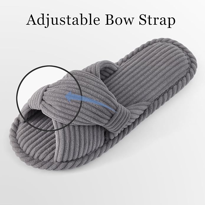 Evshine Fall House Slippers for Women Corduroy Cross Bow Indoor Slippers Open Toe Slip On Bedroom Shoes with Memory Foam