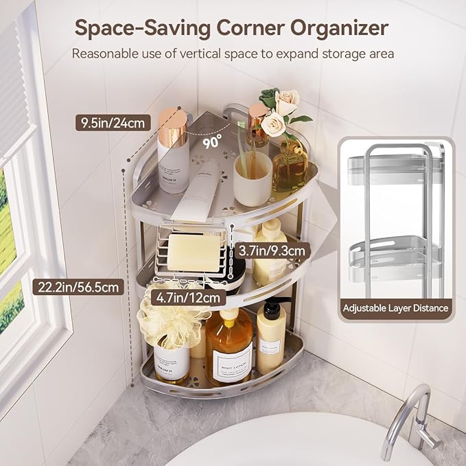 Corner Shower Caddy Standing, 3-Tier Rustproof Shower Organizer with Soap Holder, Aluminum Shower Shelf Stand for Bathroom Storage, Siver