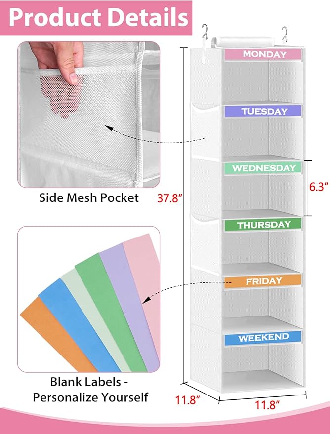 Weekly Clothes Organizer for Kids 6-Shelf Hanging Closet Organizer with Monday Through Friday Compartments & 2 Side Pockets – Space-Saving Clothes Storage for Children Closet Storage