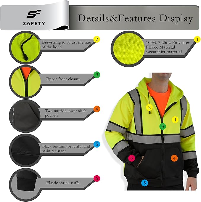sesafety Hi-Vis Zipper Hoodie, Class 3 Reflective Safety Sweatshirt with Black Bottom, High visibility Jacket for Men