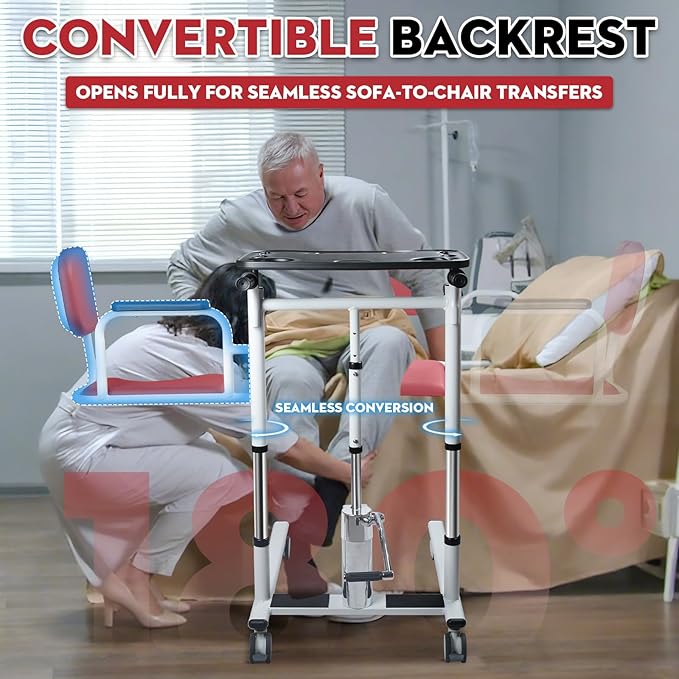 Drexo Patient Lift Transfer Chair, 5 in 1 Patient Lift Chair with 180°Split Seat, Height Adjustable Patient Transfer Chair with 4 Casters for Home Seniors Elderly, Load 450Lbs (Non-Fold, Red)
