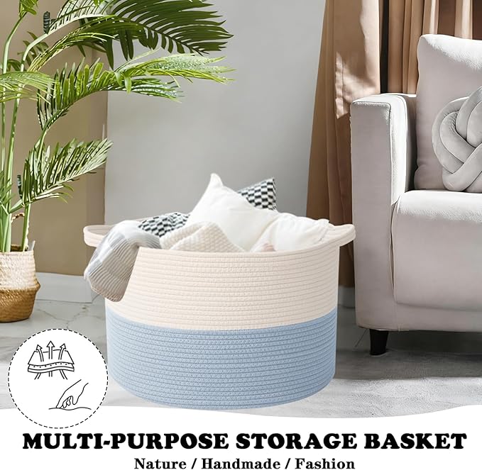 Large Storage Basket with Handle,23.6" x 23.6" x 15.7" Blanket Basket Storage Bins for Organizing,65L Cotton Rope Woven Baskets for Living Room, Nursery ,Bedroom,White&Blue