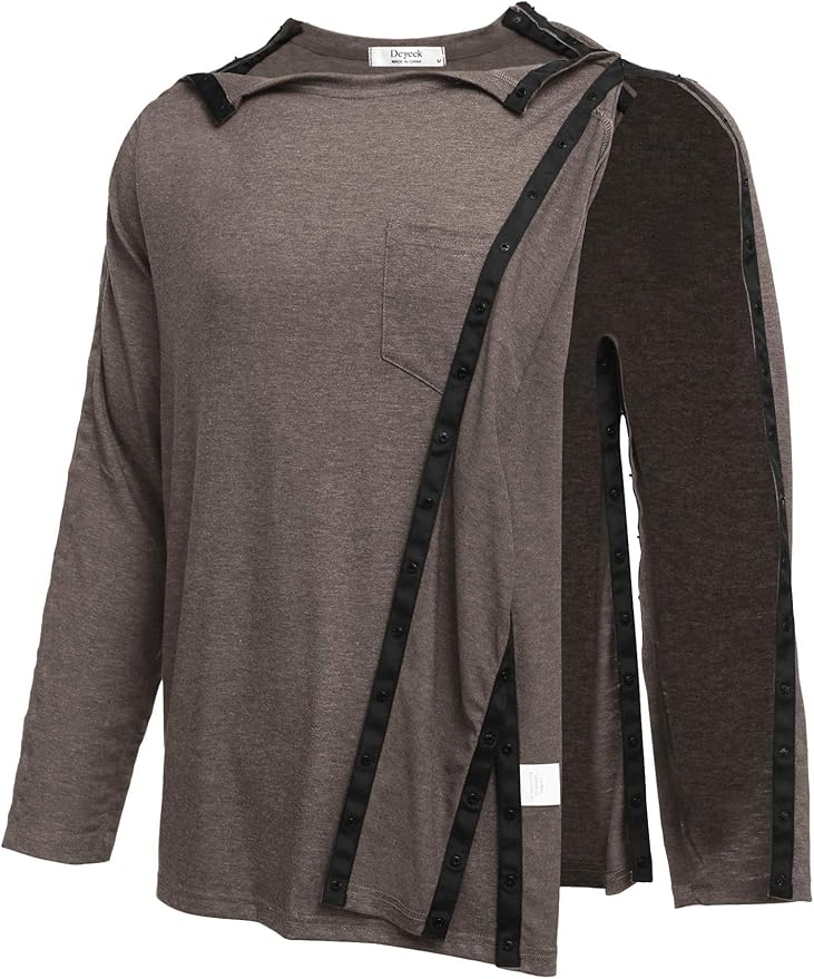 Deyeek Men's Post Shoulder Surgery Recovery Shirts Full Tear Away Long Sleeve Snap Chemo Port Access Shirt