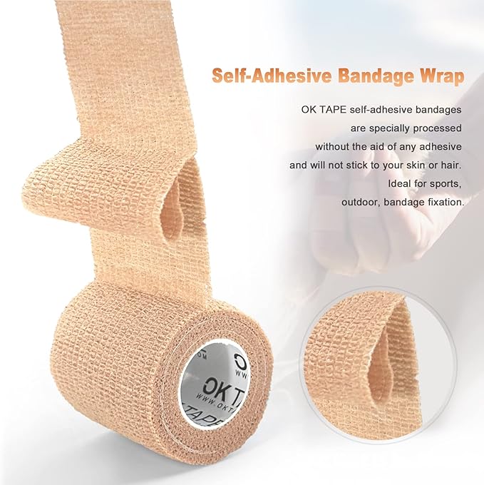 OK TAPE Self Adherent Cohesive Bandages Wrap - 12Packs, 2" x 5 Yards, Non-Woven Self Adhesive Bandage Wrap for Thumb, Finger, Wrist, Ankle, Vet Wrap Bandages Tape (Bright Pink)