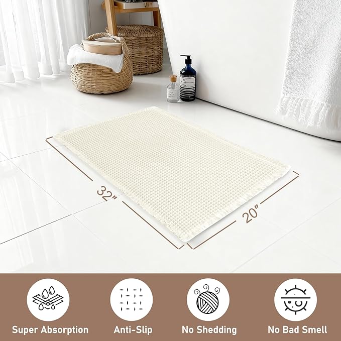 Hiasan Waffle Bath Mat, Super Absorbent Non Slip Bathroom Boho Rug with Tassels, Machine Washable Bath Mats for Bathroom, Ultra Soft Rubber Backed Rug, White, 20 x 32 Inches