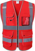 JKSafety 9 Pockets High Visibility Zipper Front Safety Vest With Reflective Strips,Meets ANSI/ISEA Standard (Medium, 150-Red)