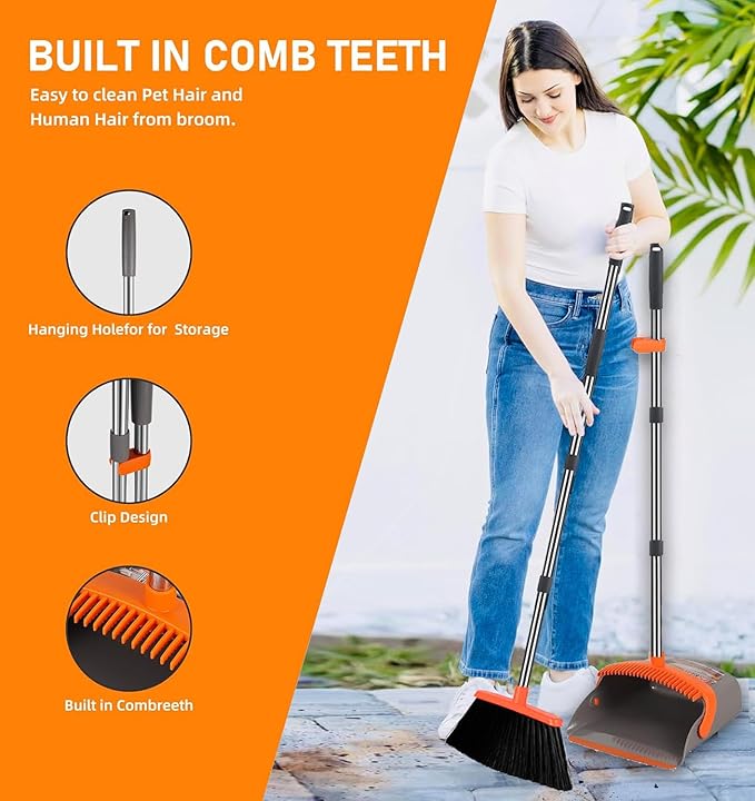 2-Pack is More economical，Upgraded Upright Broom and Dustpan Combo with 52" Long Handle, Dustpan Teeth with self-Cleaning Function, Indoor and Outdoor Sweeping, Perfect for Home Office.