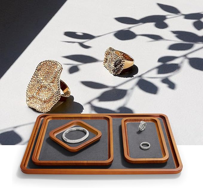 Oirlv Solid Wood Jewelry Display Tray Small Jewelry Tray Rings Earrings Bracelets Necklace Holder Organizer (Small, Grey)