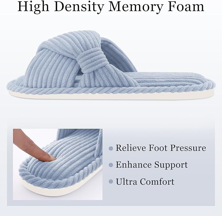 Evshine Fall House Slippers for Women Corduroy Cross Bow Indoor Slippers Open Toe Slip On Bedroom Shoes with Memory Foam