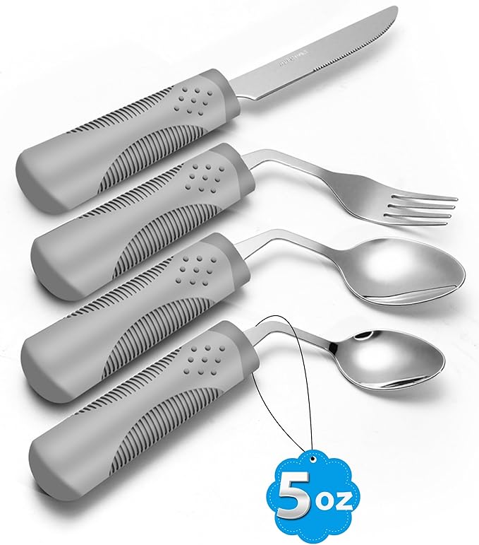 Adaptive Utensils (4-Piece Set) Weighted 5 oz - 42° Angled Utensils for Parkinson's Patients, Hand Tremors, Arthritis & Elderly - Eating Utensils for Elderly (Grey: Left Handed)