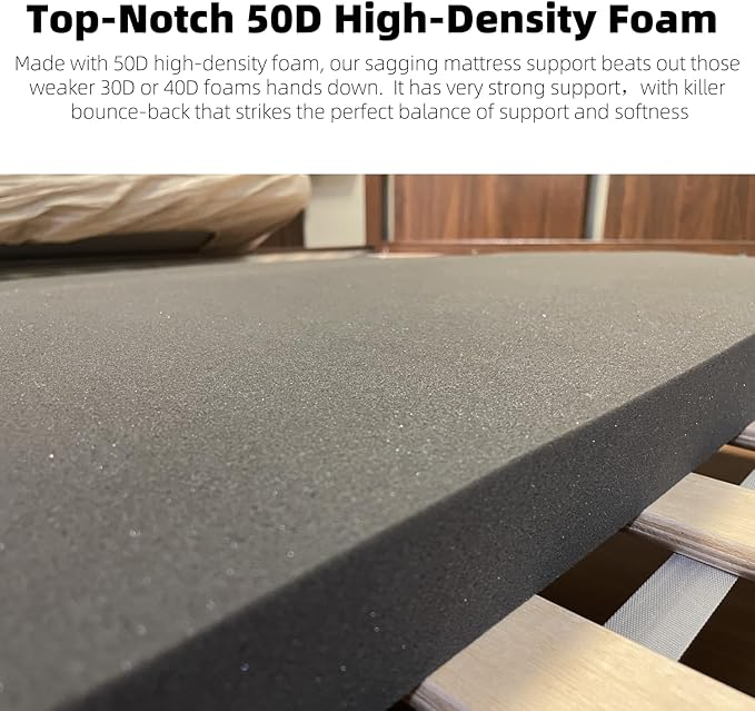 50D High-Density Sponge Sagging Mattress Support – 2” Thick Black Bed Board for Under Mattress, Firm Support Pad to Fix Sagging & Sinking Beds (1”-2” Deep), Extends Mattress Life, 60” x 24” x 2”