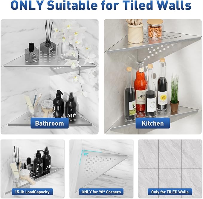 lives Corner Shower Shelf 10" Slot Design Bathroom Shelves for Tiled Wall, 304 Stainless Steel Recessed Organizer Corner Shelves for Inside Shower Decor, 2 Pack, Silver (Square)