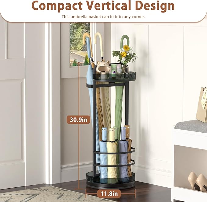 Rotating Free Standing Umbrella Holder for Entryway & Steel Round Umbrella Stand with Drip Tray, Acrylic Box, Holds 9+Umbrellas, Umbrella Rack Storage Canes,Sticks for Indoor Home Office,Black