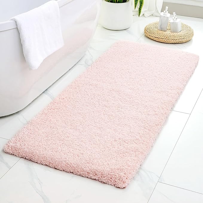 Pink Bathroom Rug 24x48 Non Slip Fluffy Bath Mat for Bathroom Floor Washable Plush Luxury Bath Rug for Tub Soft Shaggy Absorbent Shower Sink Mat