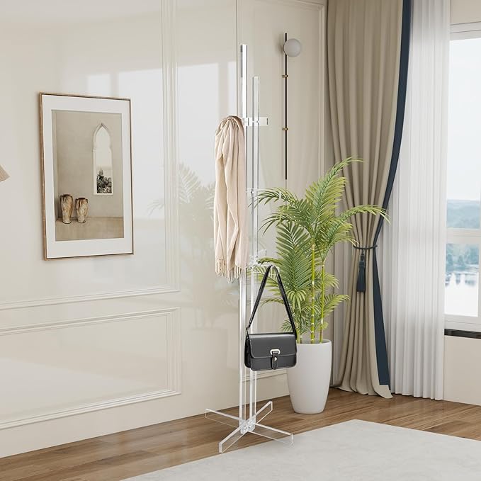 Acrylic Coat Rack with 10 Hooks Freestanding Modern Coat Hanger Stand with Anti-slip Strips Hall Tree for Clothes Handbags Hats Scarves in Entryway Office Bedroom Hallway