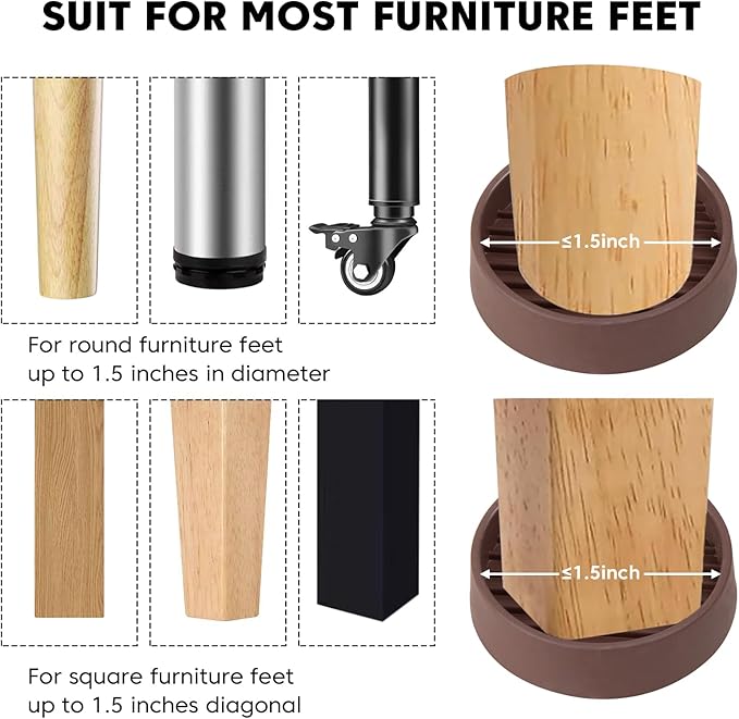 1.5" x 1.5" Rubber Furniture Pads, 8 PCS Non Slips Furniture Casters Cup Chair Leg Floor Protectors for Bed Sofa Table and Chair Stopper (Brown,Round)