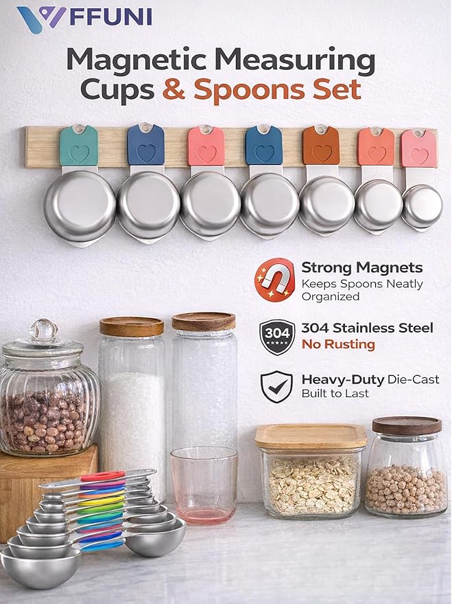 Magnetic Measuring Cups & Spoons Set, Strong N45 Magnets, Heavy Duty Stainless Steel Fits in Spice Jars for Baking & Cooking, BPA Free, Round Set of 15 with Leveler, Colorful