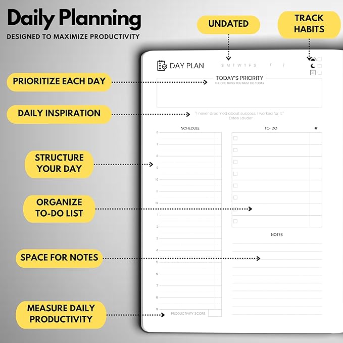 Undated Daily Planner – 6-Month A5 Productivity Organizer with Full Page Per Day, Hourly Schedule, Goal Setting, Habit Tracker, Weekly & Monthly Pages – Hardcover Time Management Notebook (Gray)
