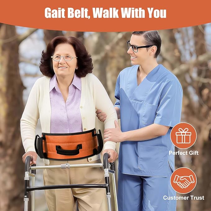 Rhino Valley Gait Belt Transfer Belt for Senior with 7 Handles, 59" Anti-Slip Transfer Belt for Elderly, Lift Belt with Quick Release Buckle, Medical Nursing Safety Patient Assist, Orange