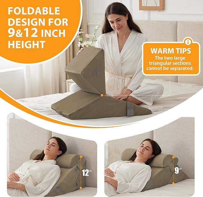 3PCS Wedge Pillow Set for After Surgery, Adjustable 9&12 Inch Bed Wedge Pillow for Sleeping, Incline Pillow Wedge for Headboard, Post Surgery, Acid Reflux, Neck&Back Support, Plush Brown