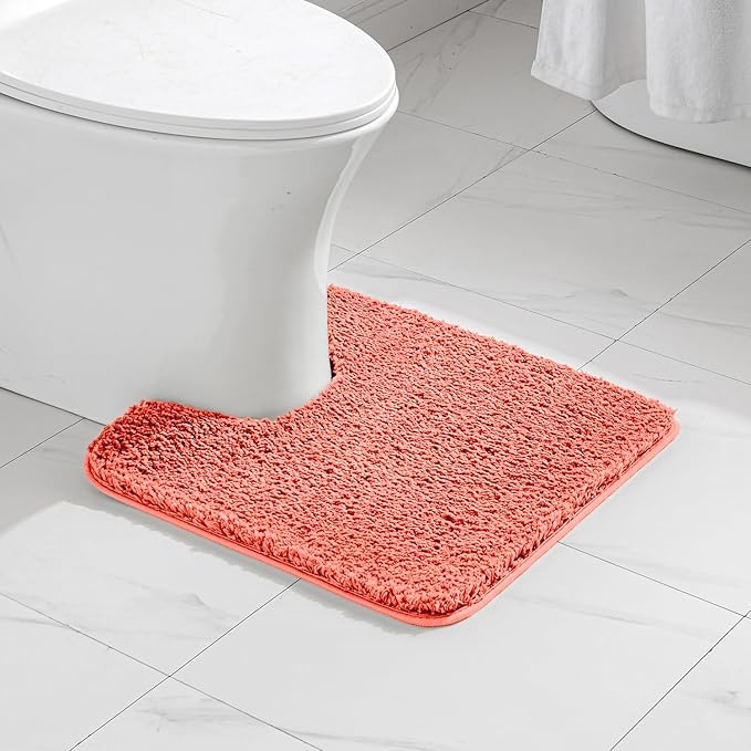 MIULEE Microfiber Toilet Bath Mat U-Shaped Contour Shaggy Rugs Non Slip Extra Thick Soft Absorbent Water for Bathroom Commode Machine Washable(20x20 Inch, Living Coral)