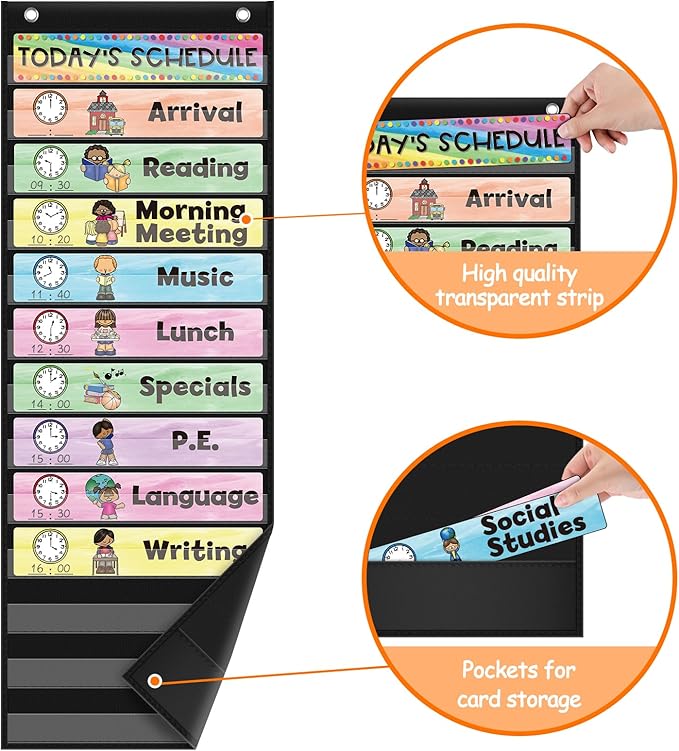ABCxGOOD Daily Schedule Pocket Chart, Toddler Schedule Chart, 13+1 Pocket, with 21 Dry-Erase Reusable Cards Classroom Must Haves Pocket Chart