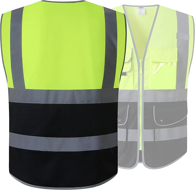 JKSafety 9 Pockets High Visible Reflective Safety Vest Zipper Front Breathable Lining, Yellow-Black Meets ANSI/ISEA Standards(150-Yellow-Black M