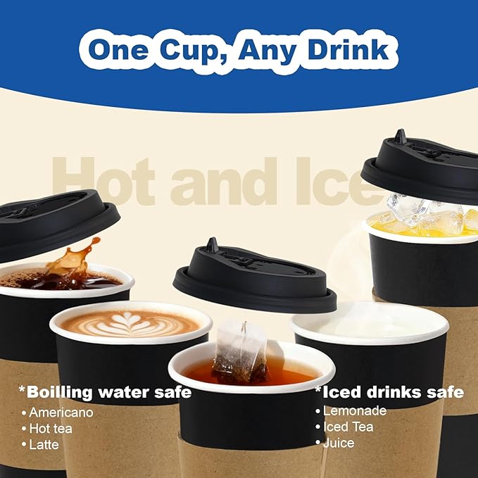20 oz 50 Pack Coffee Cups with Lids and Sleeves, Straws, Hot Disposable To Go Travel Paper Cups Bulk for Office, Home Coffee Bar Accessories, Chocolate, Cocoa, Beverage (Black)