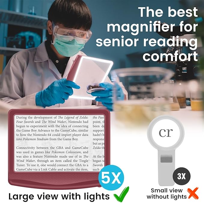 Rechargeable 5X Magnifying Glass for Reading, Large Bright Full Page Magnifier with Light, Handheld LED Dimmable Lighted, Lightweight Book Magnifier for Reading Small Prints Seniors - Red