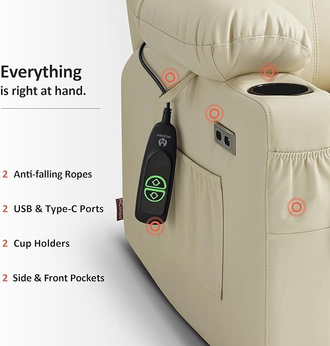 MCombo Power Lift Recliner Chair for Elderly, Lift Chair with Heat and Massage, FSC Certified, USB Ports, Cup Holders, Faux Leather 7141 (Cream White, Small)