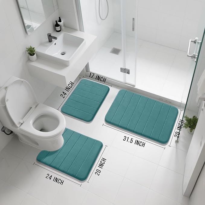 Yimobra Memory Foam Bath Mat Set 3 Pieces- Super Soft Absorbent Quick Dry Bathroom Rug Sets, Machine Washable Non Slip Floor Carpet for Tub Shower, Vanity & Toilet Base, Teal