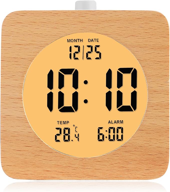 Plumeet Wooden Digital Alarm Clock for Bedrooms, Wood 4'' Battery Powered Alarm Clock with Snooze and Nightlight, Electronic LCD Desk Clock Display Time, Date, Temp, 12/24H, Wood Décor, Square, Brown