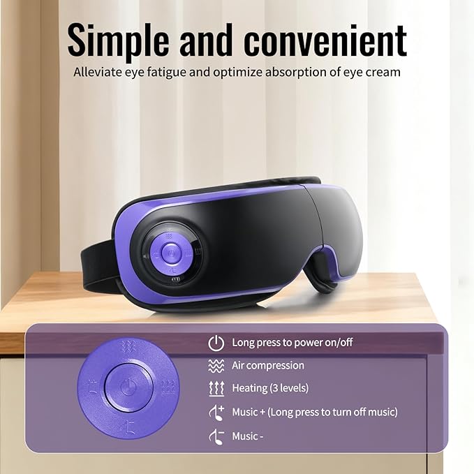 Eye Massager with Heat, Adjustable Bluetooth Music Sleep Mask for Migraine, Dark Circles Relief, Improve Sleep, for Women Men Black Purple