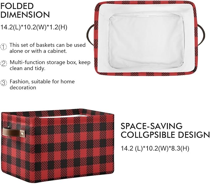 Red and Black Buffalo Plaid Storage Basket Cube Storage Bins Organizer Bag Collapsible Closet Shelf Baskets with handle for Cloth Book 14.2×10.2×8.3 IN