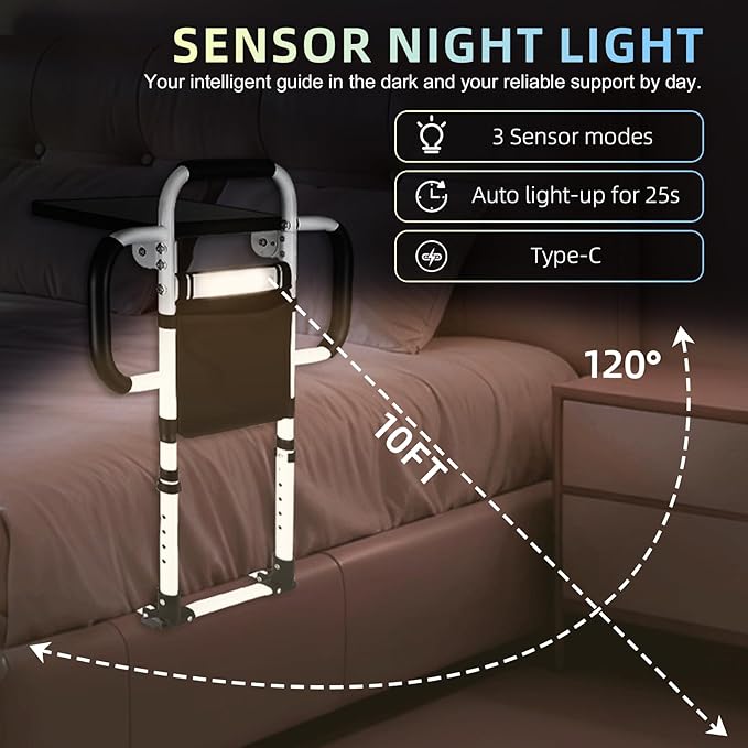Bed Rails for Elderly Adults Safety: 90° Foldable Bed Assist Rails for Seniors w/Tray & Sensor Light, Adjustable Height Bedside Support Rail with 3 Handles, Storage Pocket, Heavy Duty 350lb