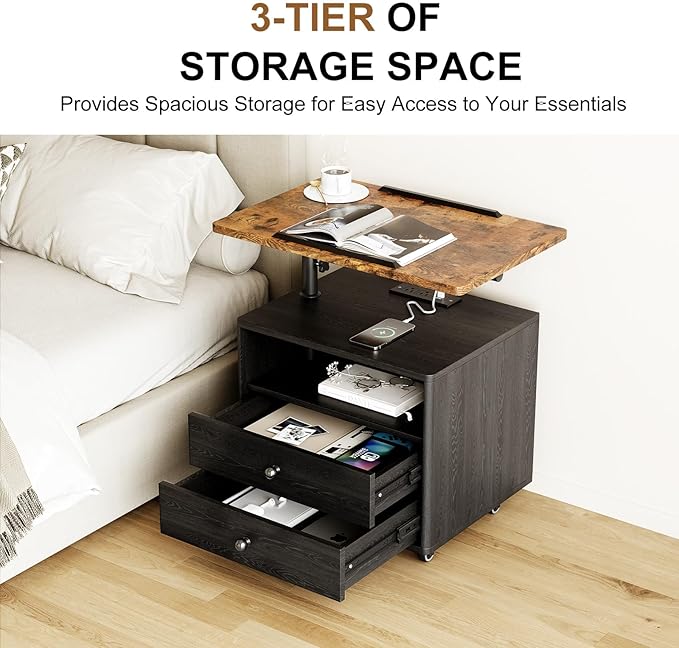 Bedroom Nightstand with Drawers & Charging Station, Adjustable Height Bedside Table with Wheels, Wooden Small Sofa Side Tables with Storage for Living Room, Black Brown