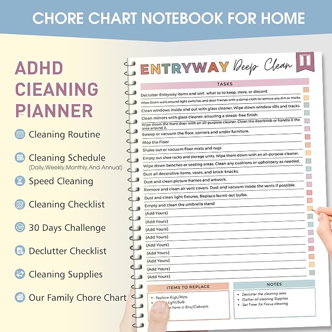 ADHD Cleaning Planner for Adults, Fully Customizable Daily, Weekly, Monthly & Yearly Home Chore Checklists, Stress-Free Household Management System with Visual Task Tracking（A5）
