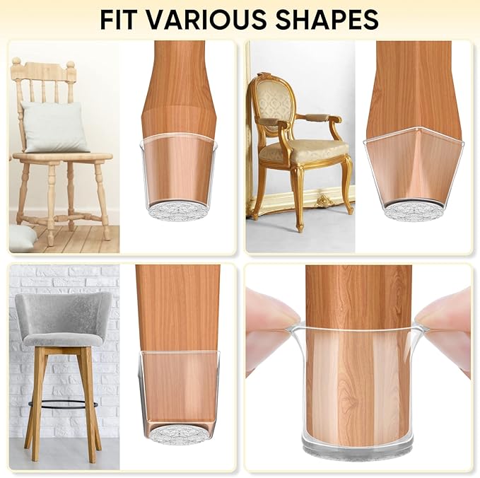 BALEINE 16 Pack Silicone Chair Leg Floor Protectors, Stool Leg Protectors Cap, Non-Slip Chair Leg Caps for Hardwood Floors (Clear, X-Large, 16 Pack)