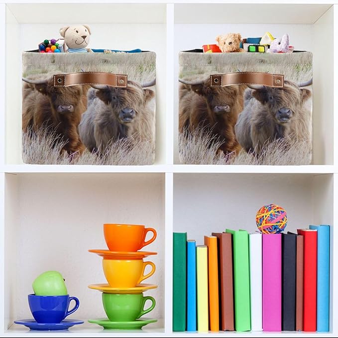 Highland Cows Storage Basket Cube Storage Bins Organizer Bag Collapsible Closet Shelf Baskets with handle for Cloth Book 14.2×10.2×8.3 IN