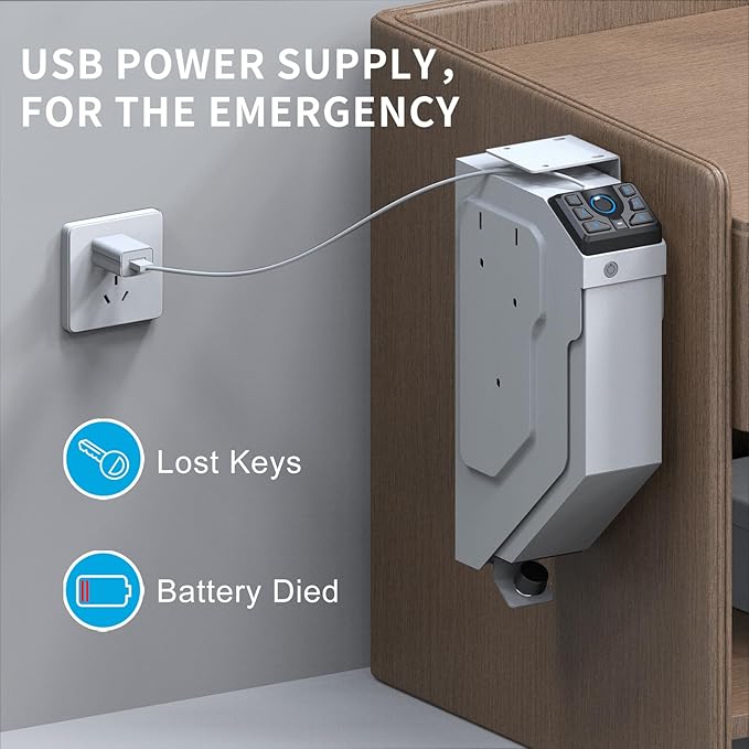 VERPROOF Biometric Gun Safe for Handgun Drop Down Pistol Safe, Smart Pistol Safe with Fingerprint, PIN Code, Key Access for Nightstand, Desk, Bedside, Low-Vis Mode, Type-C Power (White)