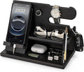 TESLYAR Wood Phone Docking Station for Men - Desk or Nightstand Organizer - Birthday Gifts for Husband or Dad - Anniversary Idea from Wife - Key Holder - Stand Wallet, Watch & Essentials (Deep Black)