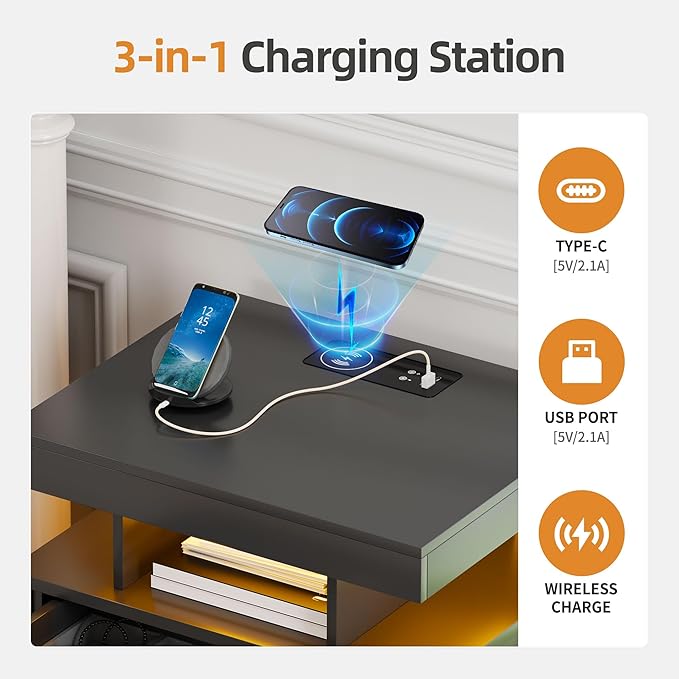 Gurexl Farmhouse Set of 2 Night Stand with Lockable Gun Drawer,LED Nightstand with Charging Station,Bedside Table with Human Sensor 3-Color Lights,End Table with 3 Drawers,Bedroom,Black