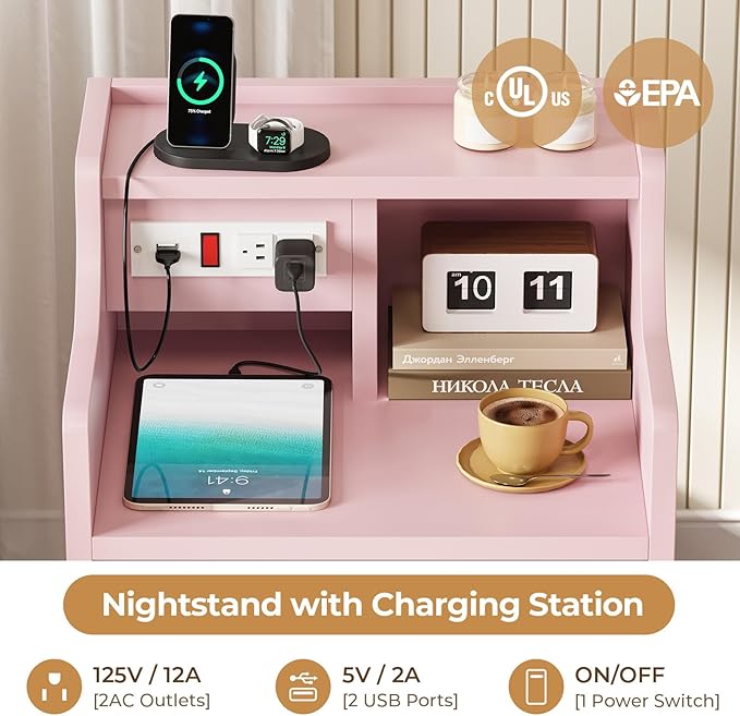 ADORNEVE Night Stand Set 2,Pink Nightstand with Charging Station & Hutch,Night Stands for Bedrooms Set of 2,Bedside Table with Drawers