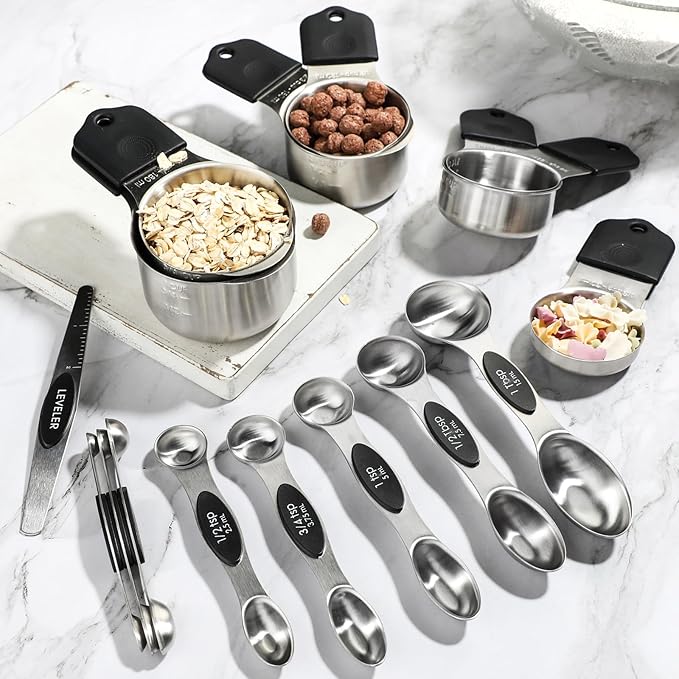 Magnetic Measuring Cups and Spoons Set Including 7 Stainless Steel Measuring Cups 8 Double Sided Magnetic Measuring Spoons Set with 1 Leveler Kitchen Tools for Cooking Baking (Black)
