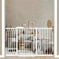 53-57.5 Inch Extra Wide Baby Gate, Auto Close Pet Gate, Pressure Mounted No Drill for Wide Stairs & Doorways, White Metal with Extension Kit