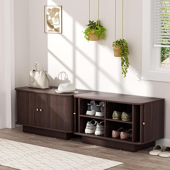 63" W Small Shoe Storage Bench, Shoe Bench Entryway with Sliding Doors and Adjustable Shelvs, Wooden Low Cabinet for Hallway, Living Room, Bedroom, Apartment, Dorm, Mudroom, Garage, Walnut, 2PCS