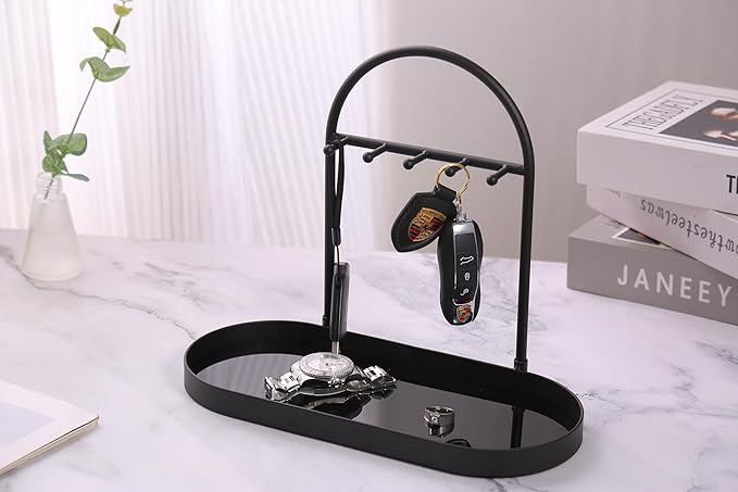 Shinpuru Metal Jewelry Organizer Stand & Key Holder Tray with Acrylic Base, Key Stand and Jewelry Tray with 5 Hooks, Perfect Bowl, Valet, Key Tray, Ring Holder, Jewelry Dish(Matt Black)