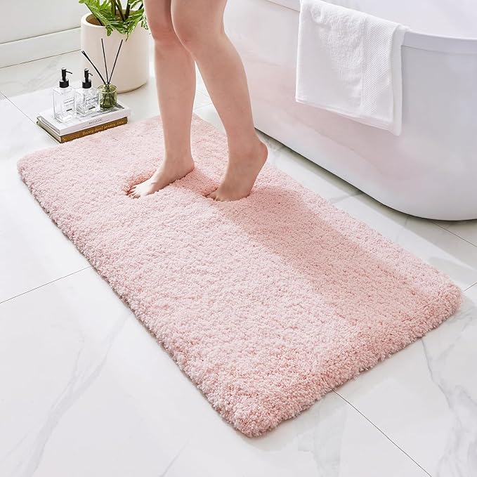 Bathroom Rugs 48x24, Ultra Thick Shaggy Soft Microfiber Absorbent Bath Rug, High Density Foam Latex Non Slip Backing, Machine Washable Bath Mats for Bathroom Floor & Sink, Pink