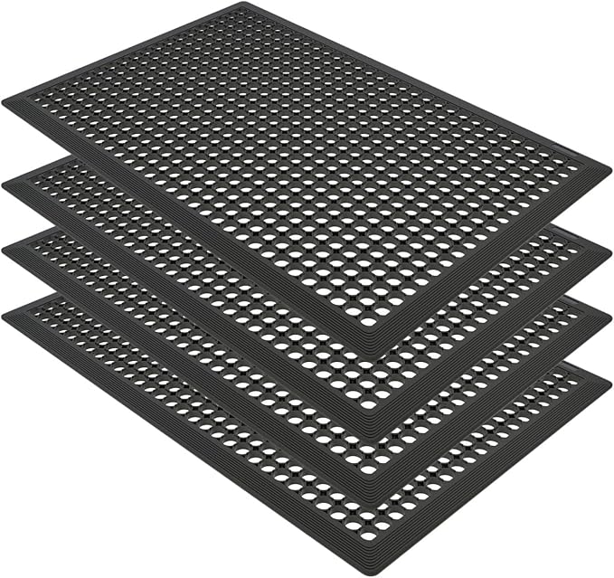 4 Pack Rubber Floor Mats 36”x24” - Heavy-Duty Non-Slip Kitchen Mat & Bar Floor Mat with Drain Holes, Odorless for Entrance, Restaurant, Indoor Outdoor