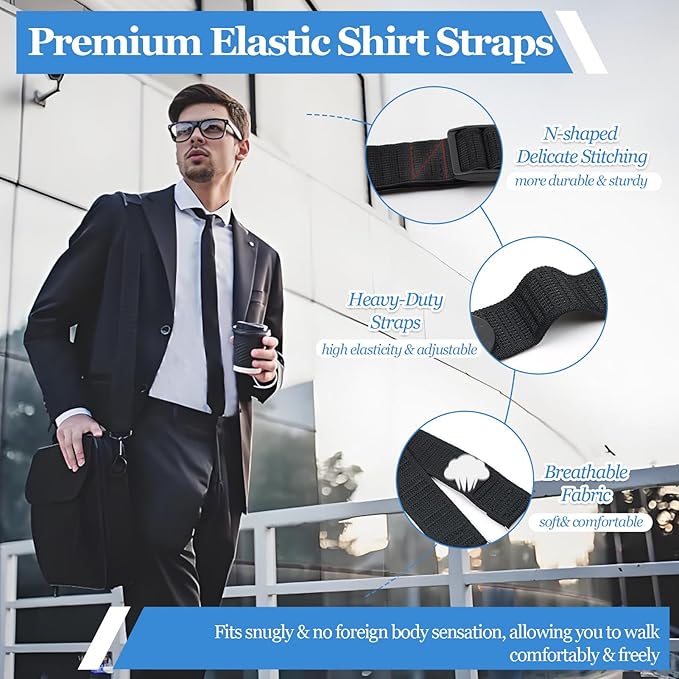 STAY GENT Y-Style Shirt Stays For Men with Non-Slip Locking Clamps and Adjustable Elastic Straps